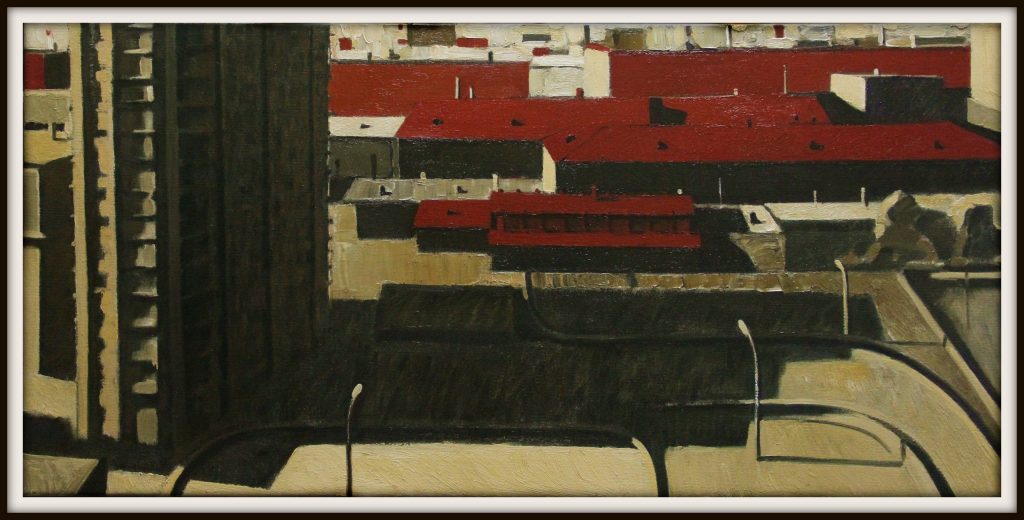 "Sunrise. Red roofs" 2020, Oil on canvas, 50x100 cm