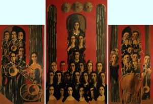 ''Music''(Unison) 2008-09, Oil on canvas. triptych- right and left 180X100cm, central 240X140cm