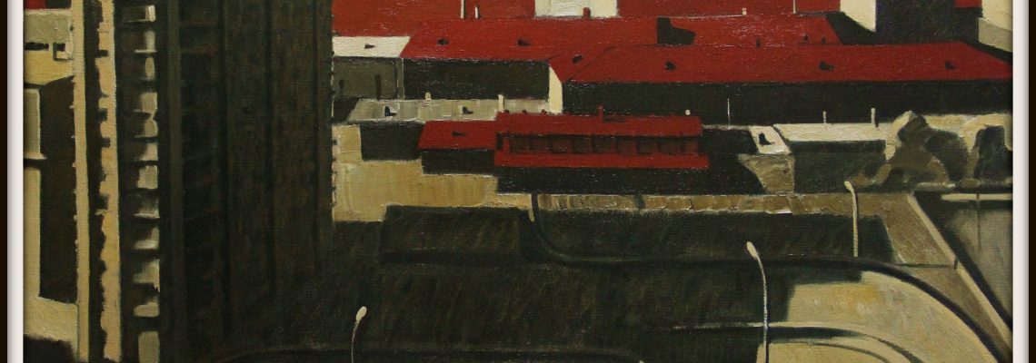"Sunrise. Red roofs" 2020, Oil on canvas, 50x100 cm