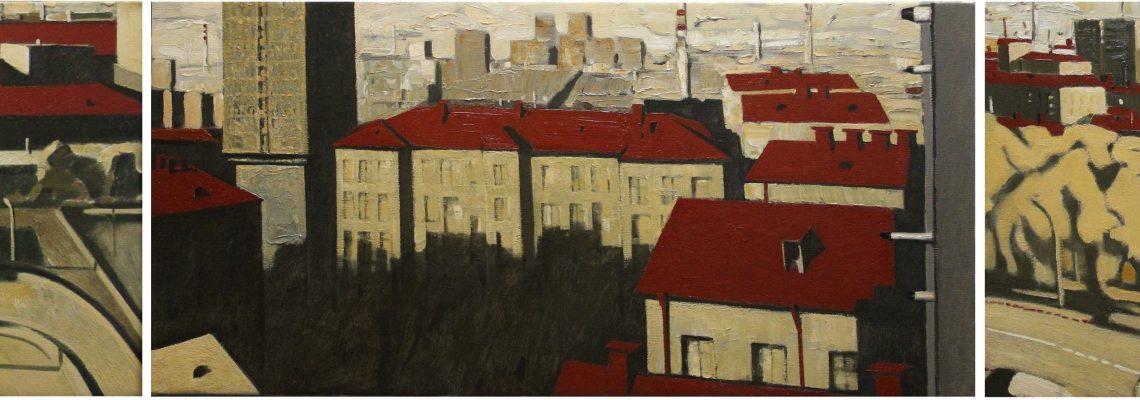 Sunrise. Red roofs 2020, oil on canvas, 50x100 cm (x3)